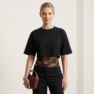 Modern İkonik Dantel Geçişli Siyah Crop T-Shirt Mağazam